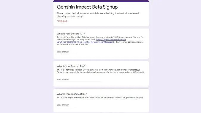 Modulo di iscrizione al programma beta di Genshin Impact