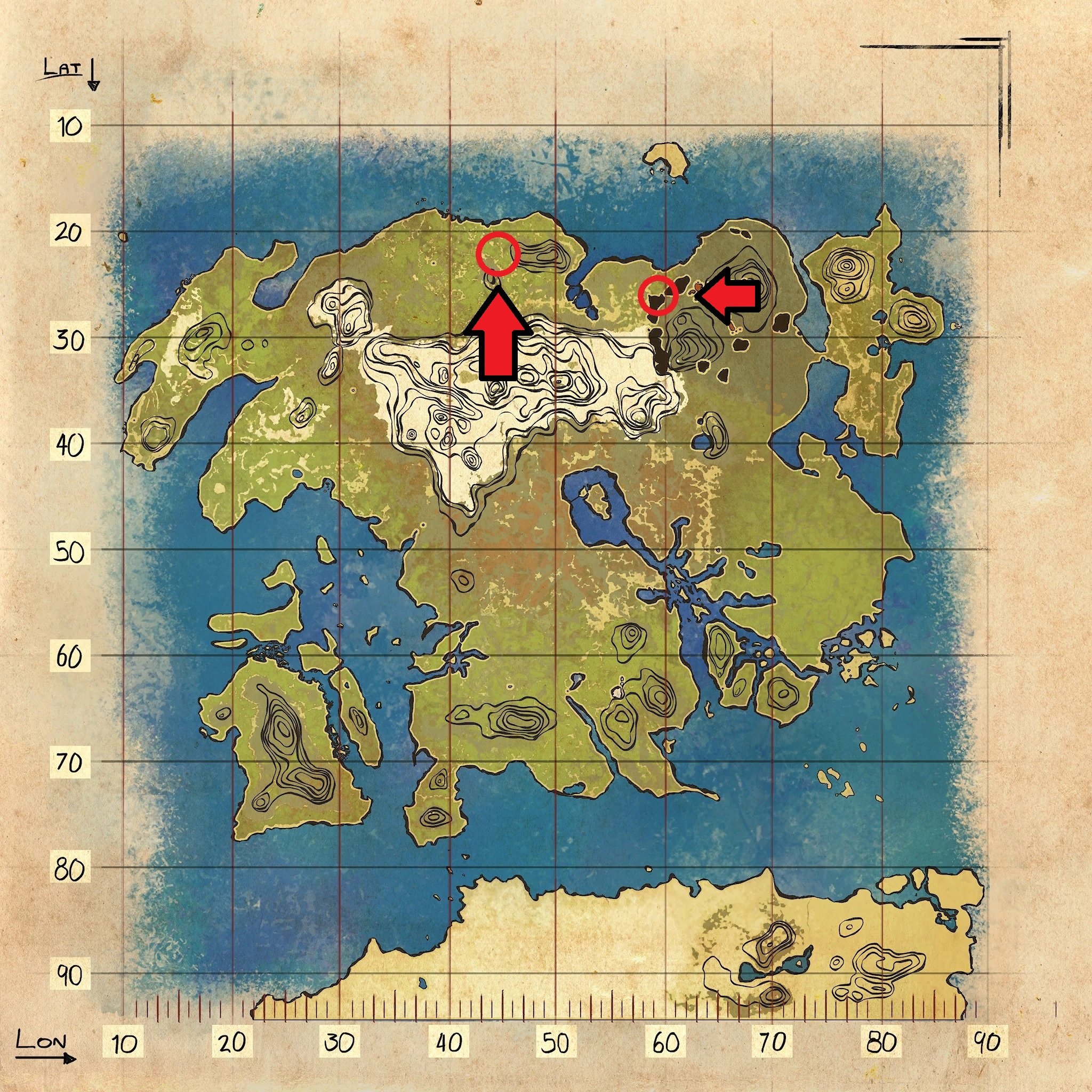 mappa di metalli e rocce nella mappa delle risorse di Ark isola perduta.