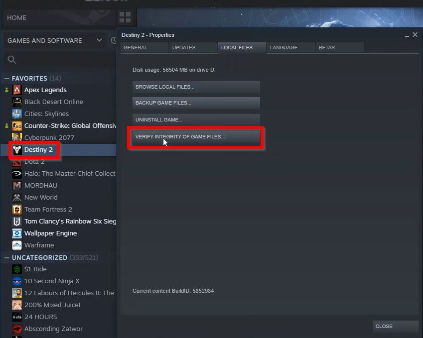 Destiny 2 verifica i file steam weasel errore