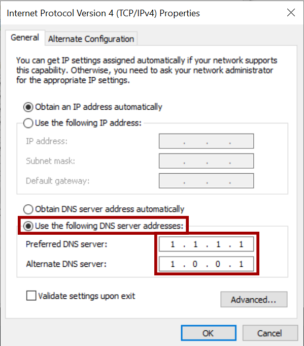 Applicazione degli indirizzi del server DNS.