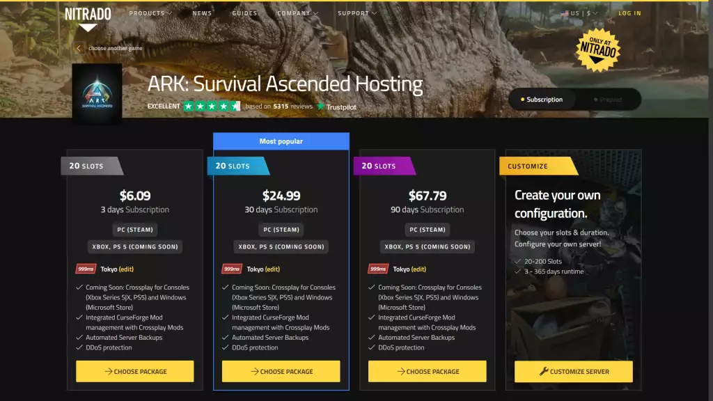 Hosting server dedicato Ark Survival Ascended utilizzando Nitrado. 