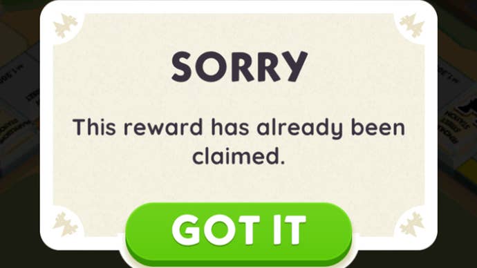 Un messaggio di errore che appare in Monopoly Go dice che non è possibile richiedere una ricompensa.