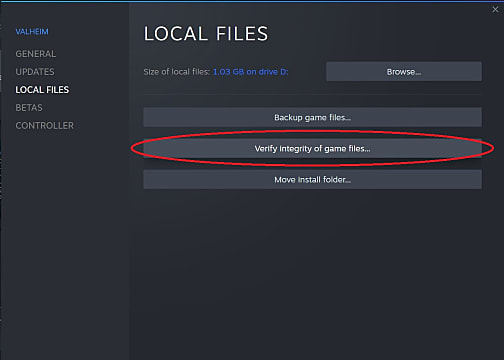L'opzione di verifica dell'integrità dei file di gioco nella scheda dei file locali di Steam.