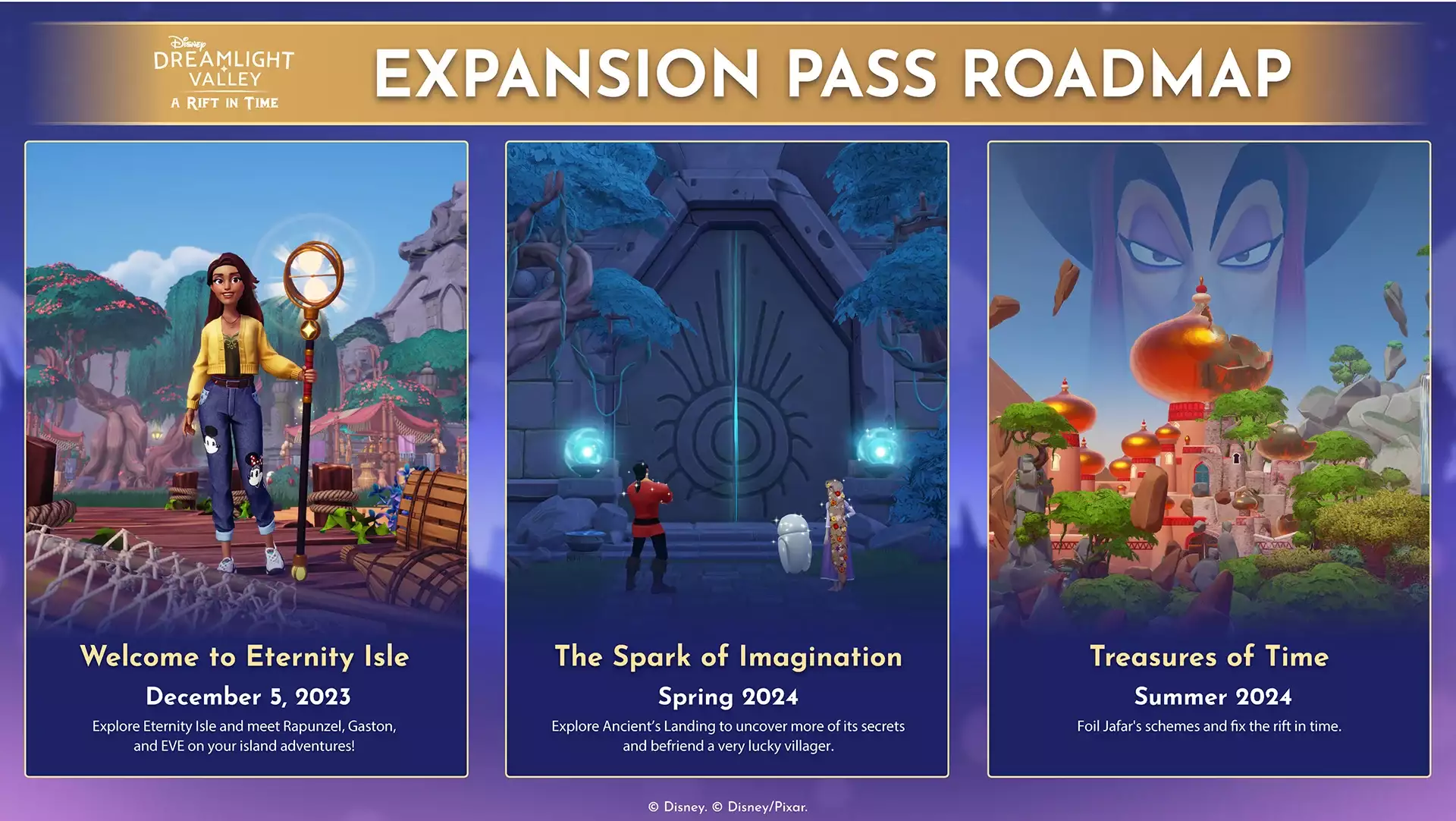 Road map del pass di espansione Disney Dreamlight Valley. 